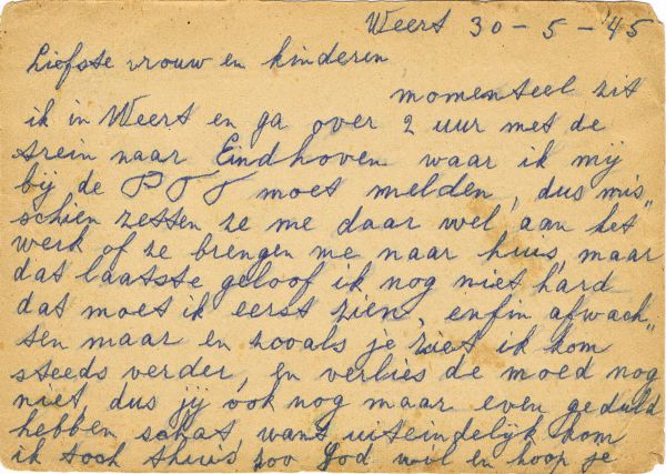 27 Briefkaart Pa uit Weert, 30-5-'45 voorkant.jpg